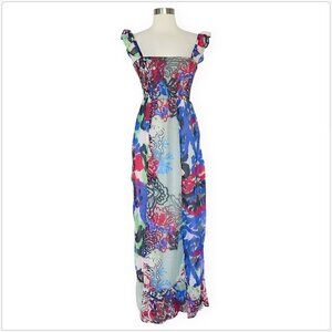 DEPT Long Colorful Floral Smocked Bodice Ruffle Strap Maxi Dress NEW NWT M
